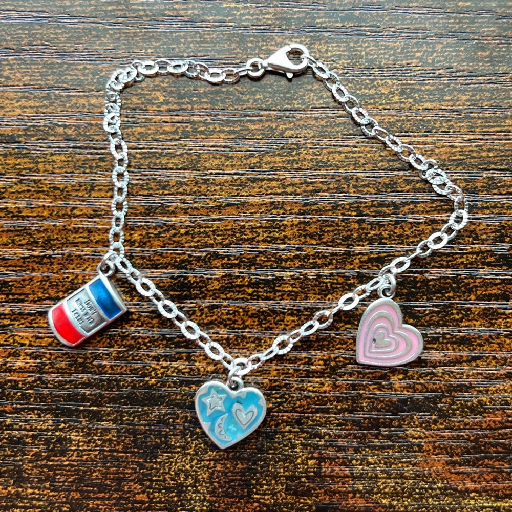 925 Sterling Silver Charm Bracelet with Colorful Hearts